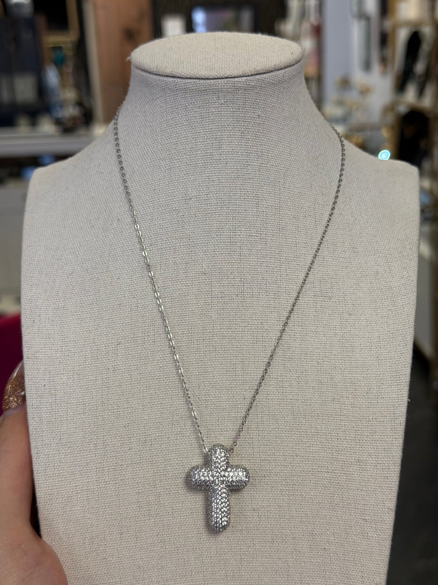 Silver Crystal Cross Necklace