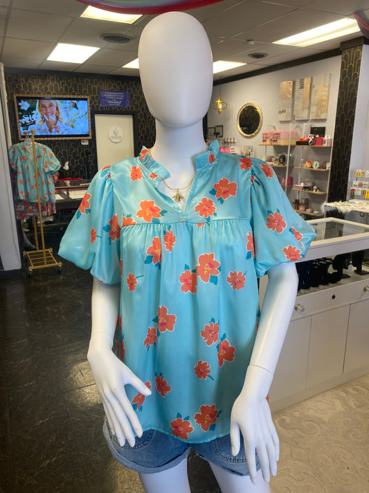Sky Blue Tangerine Flower Puff Sleeve V-Neck Top