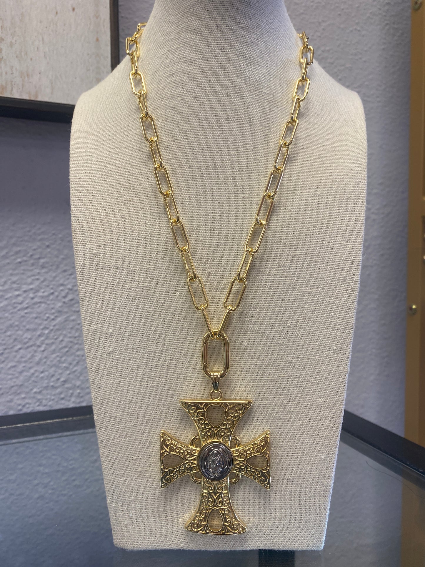 2 Tone Virgin Mary Cross Toggle Necklace