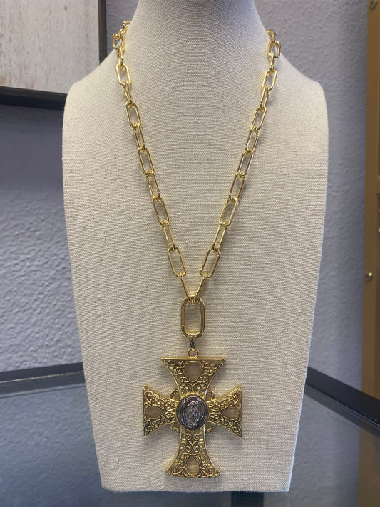 2 Tone Virgin Mary Cross Toggle Necklace
