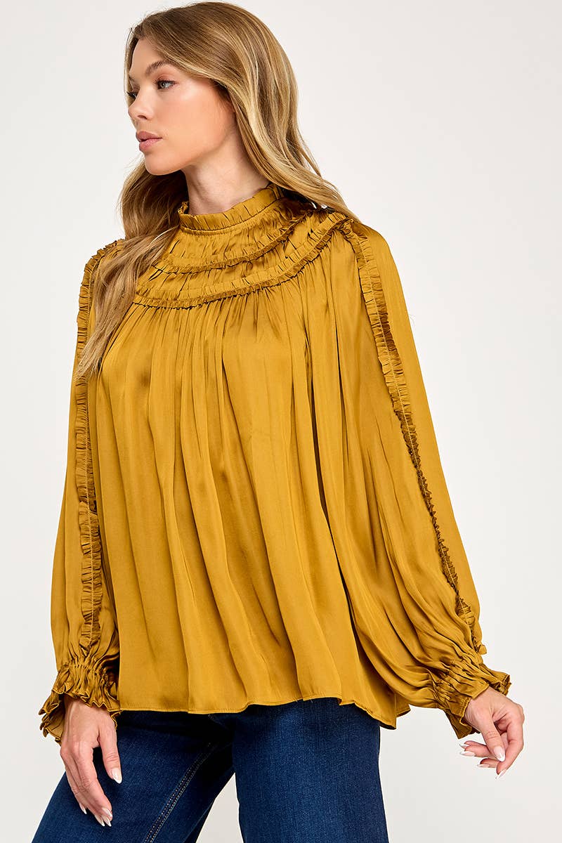 IT3477 - RUFFLED LONG SLEEVES SATIN TOP: GOLD / L