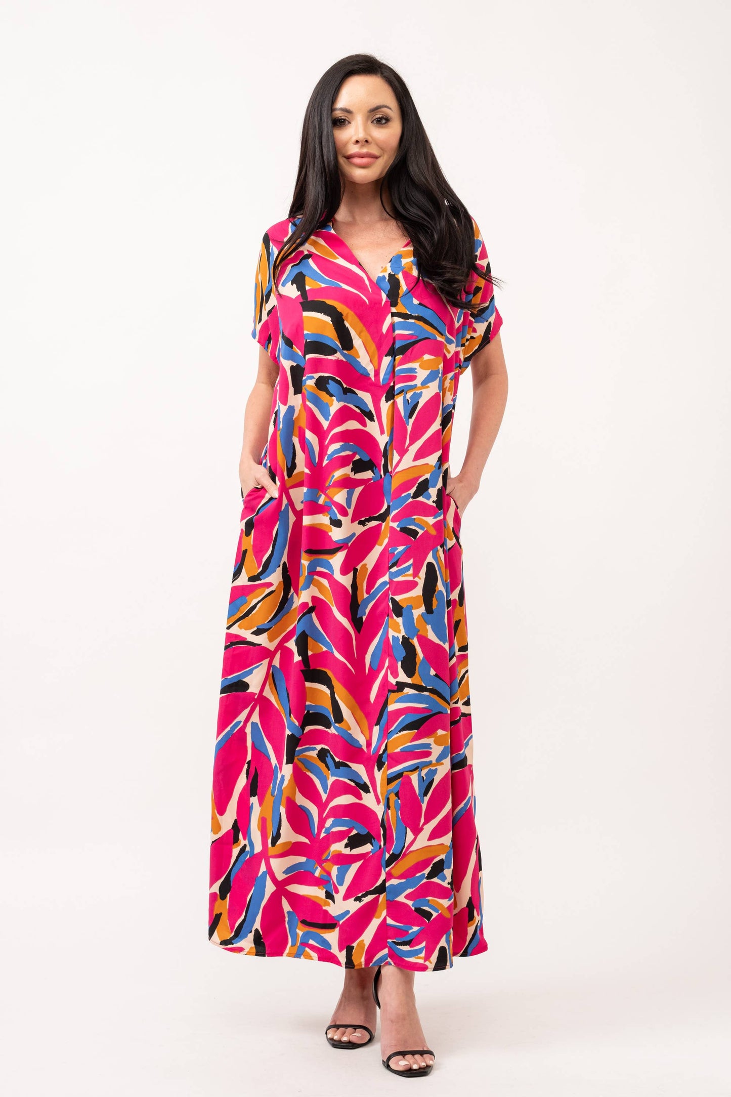 PRINTED WOVEN V NECK DROP SHOULDER MAXI DRESS