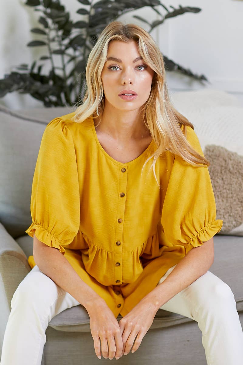 MUSTARD BABYDOLL BUTTON DOWN TOP