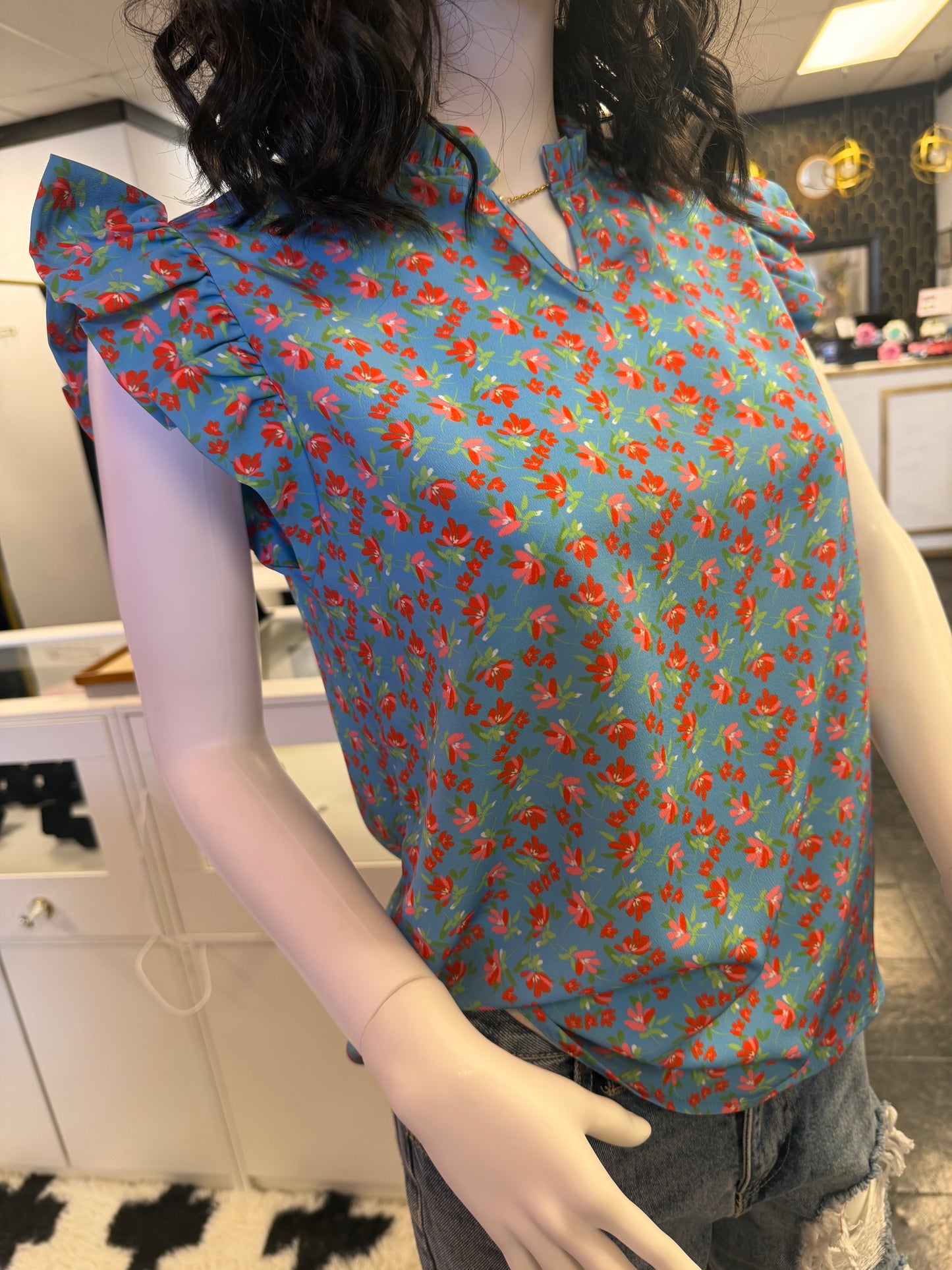 Blue Skies Top Floral Flutter Sleeve