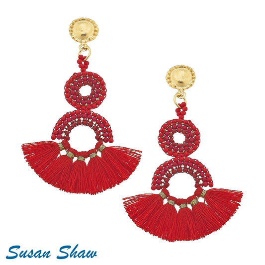 Hand cast Gold Top Red Beaded Tassel Earrings