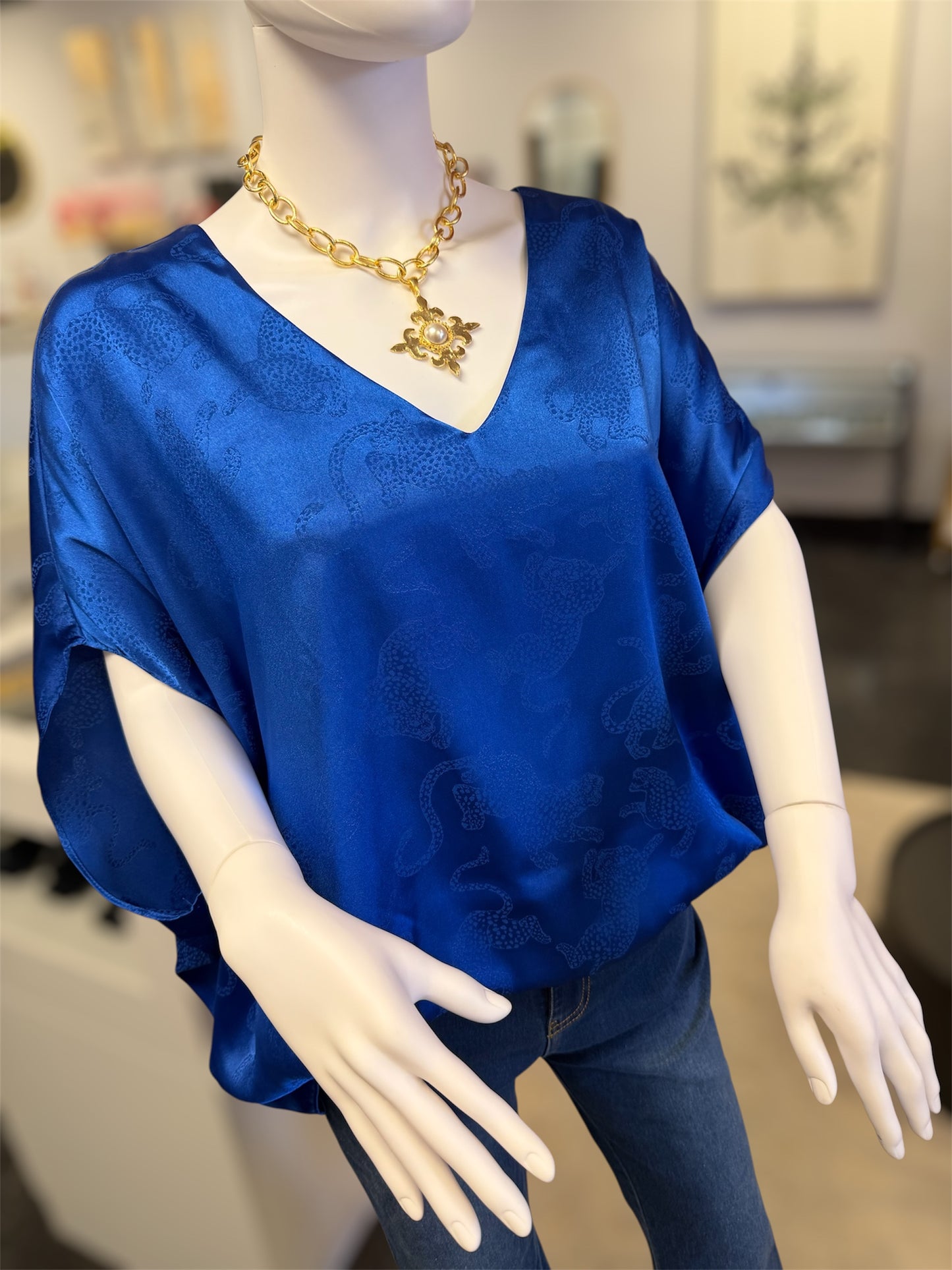 Royal Blue Roar Satin V-Neck Top