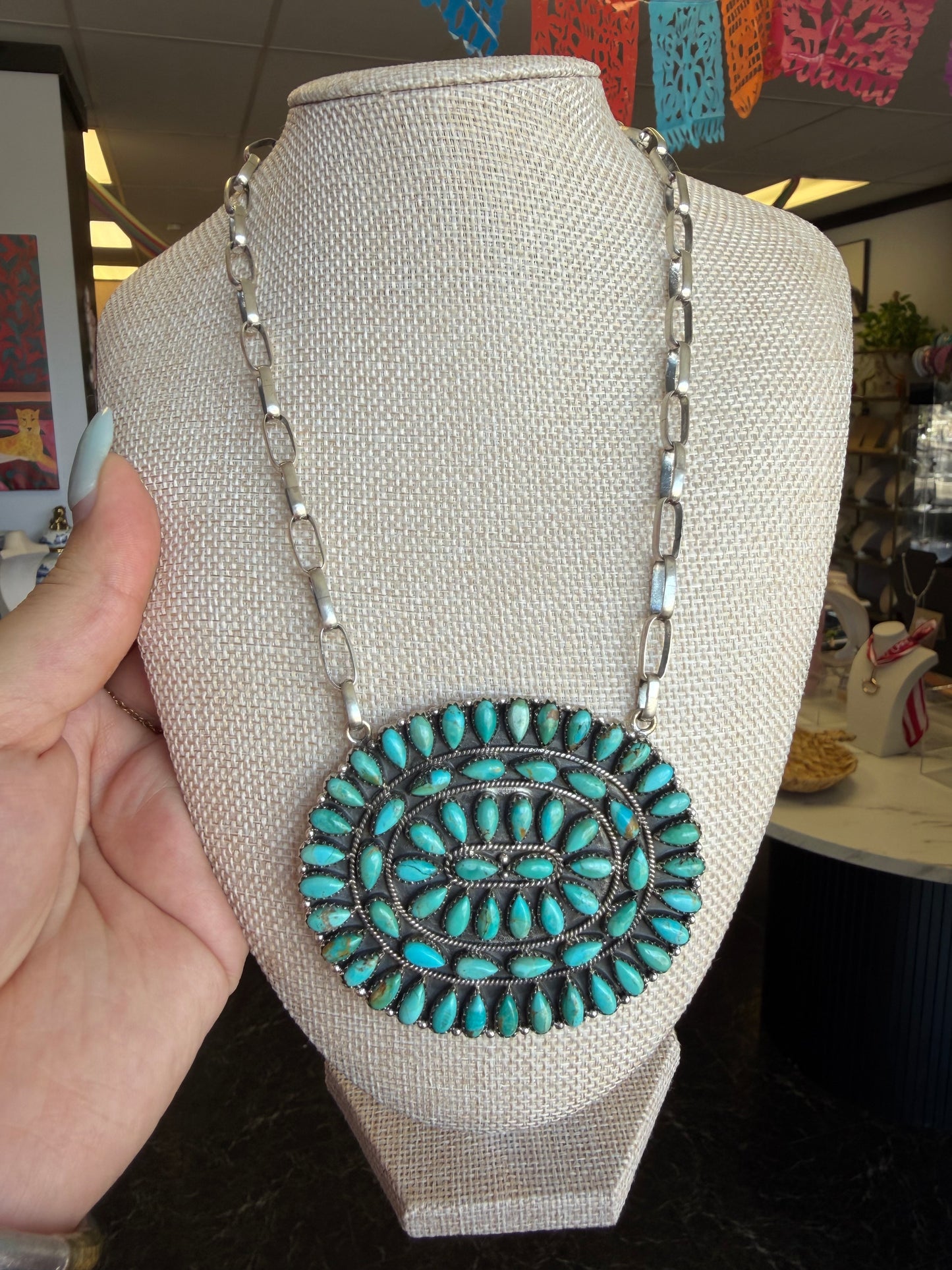 Sterling Silver & Turquoise Huge Cluster Paper Clip Necklace