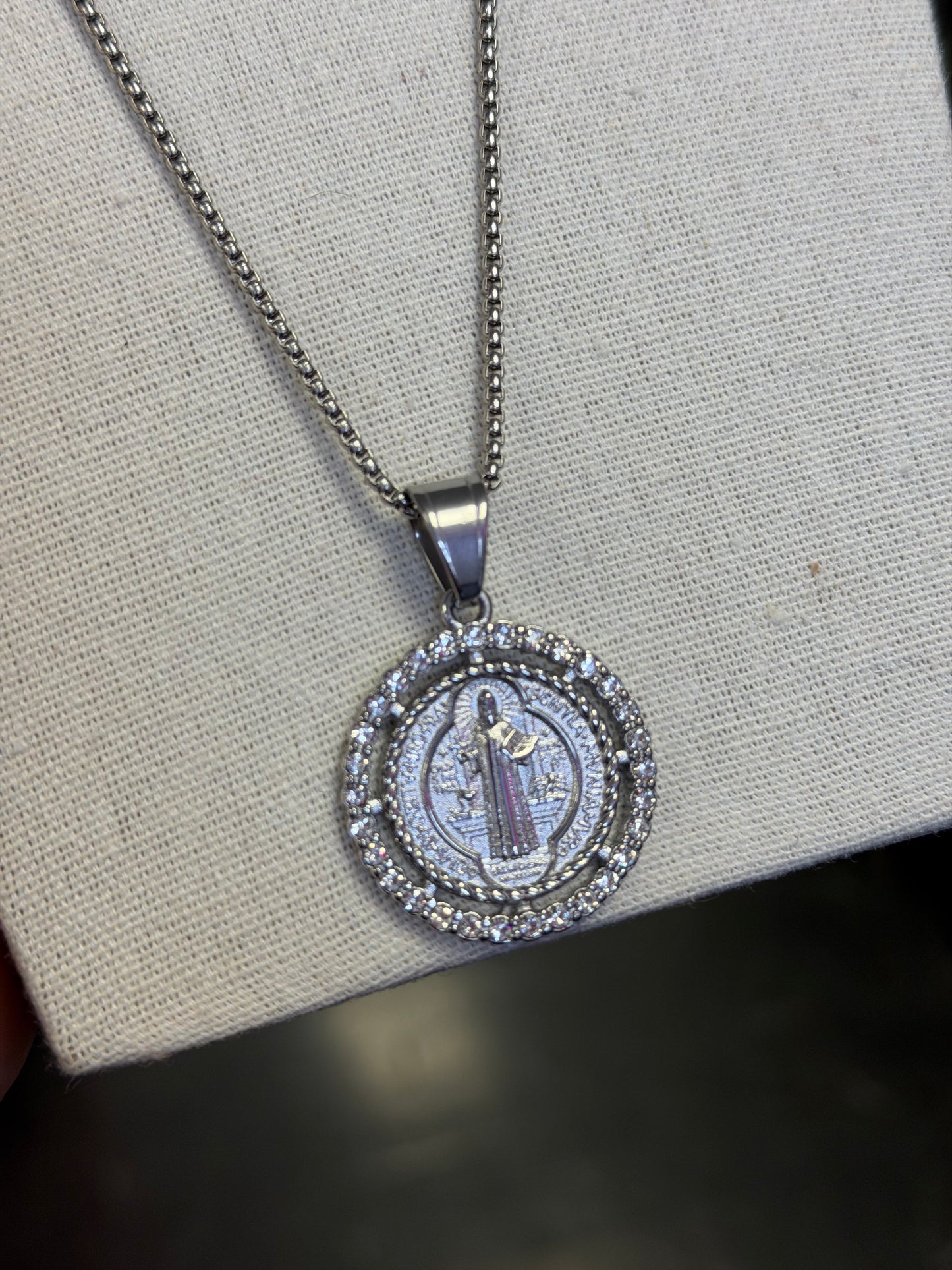 Long Chain Saint Benedict Crystal Large Charm Double Sided