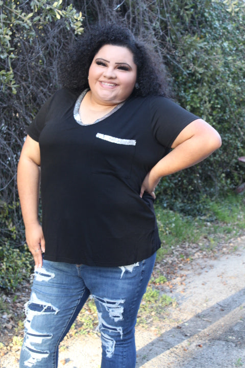 Black Sequin Trim V Tee