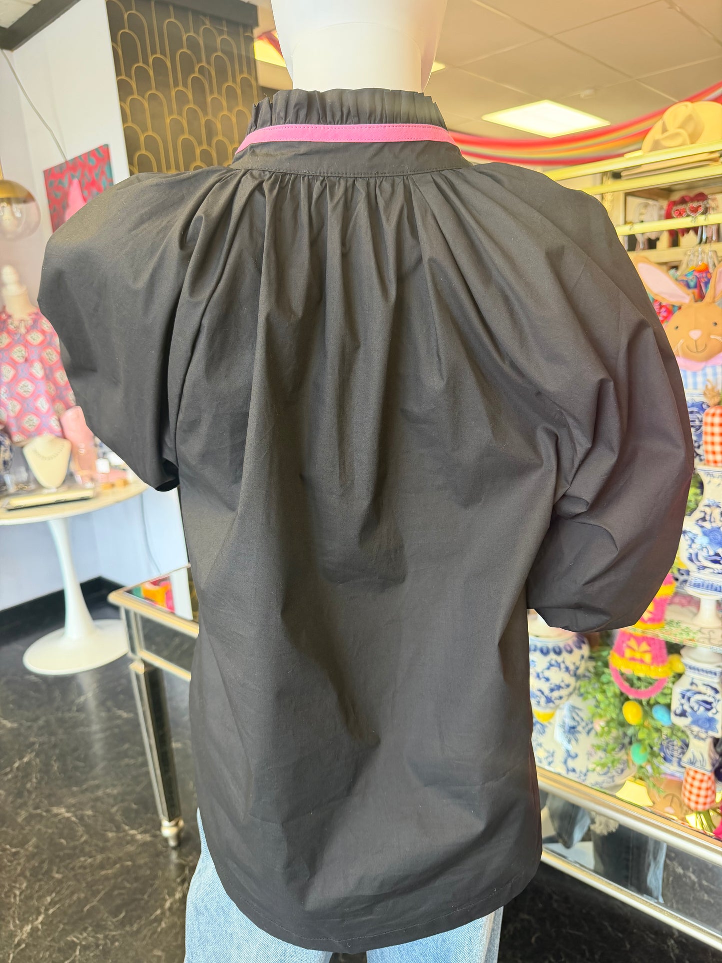 Black Embroidered Floral V-Neck Blouse