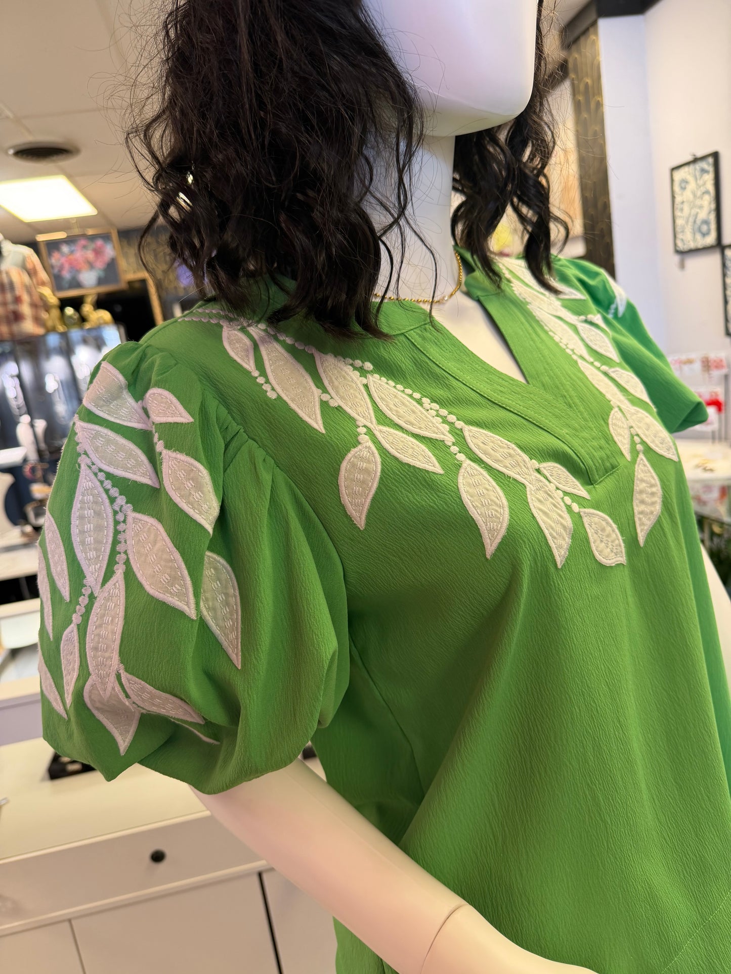 Spring Green Embroidered Leafs Top