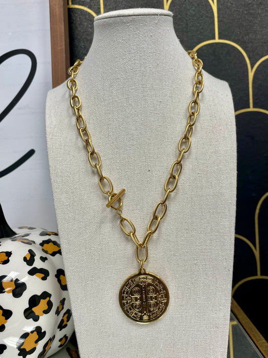 Large Saint Benedict Coin Toggle Necklace