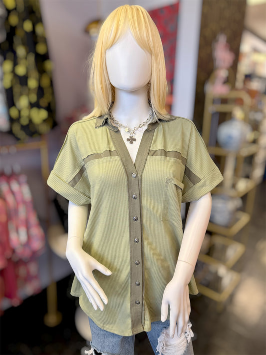 Olive Waffle Knit Button Down Top