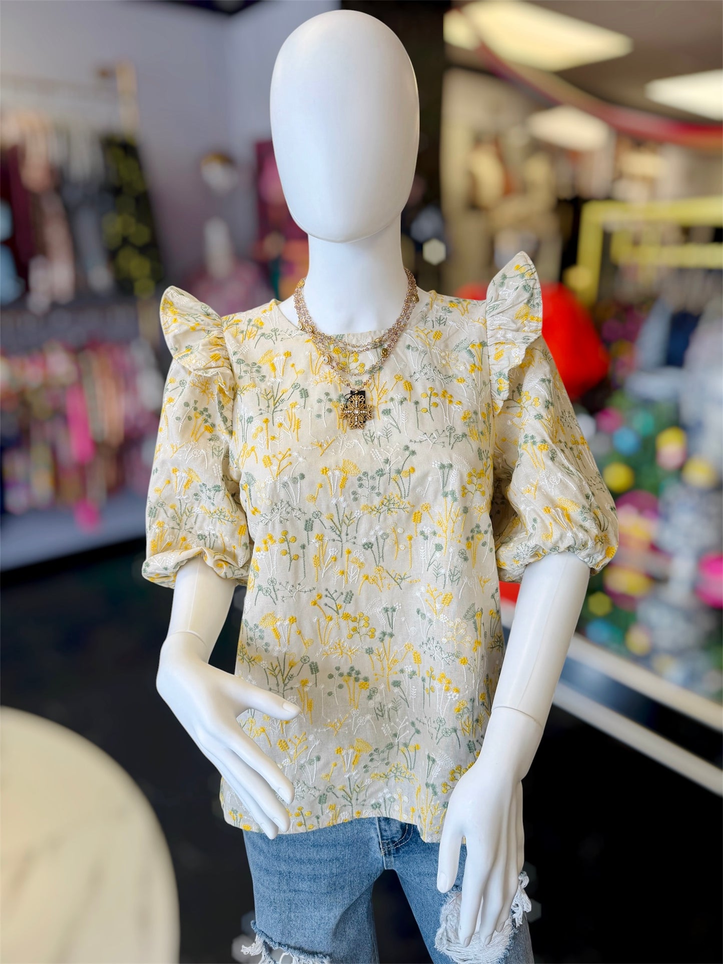 Spring Flowers Embroidered Flutter Sleeve Top