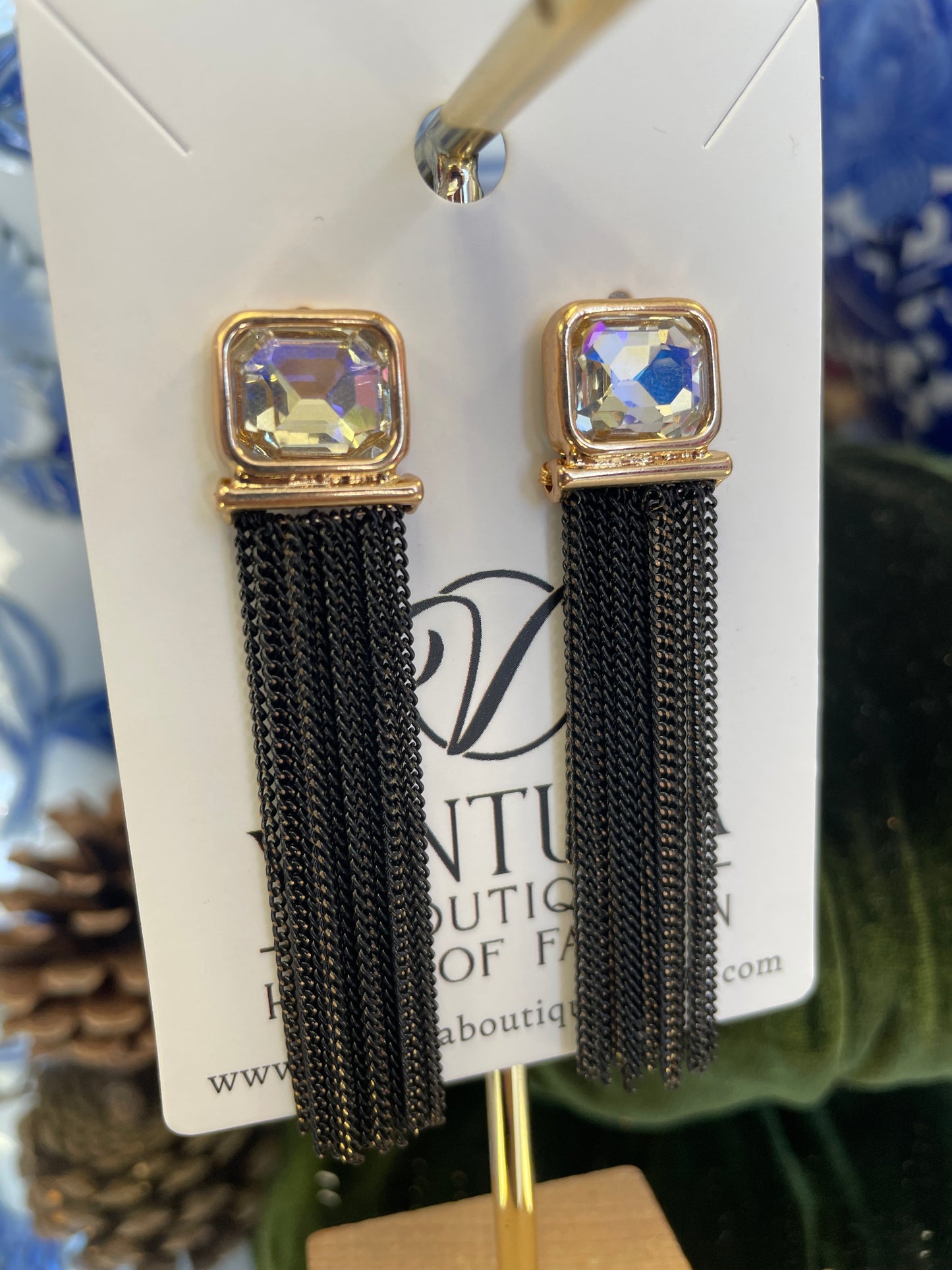 AB Stone Dangle Chain Post Earrings