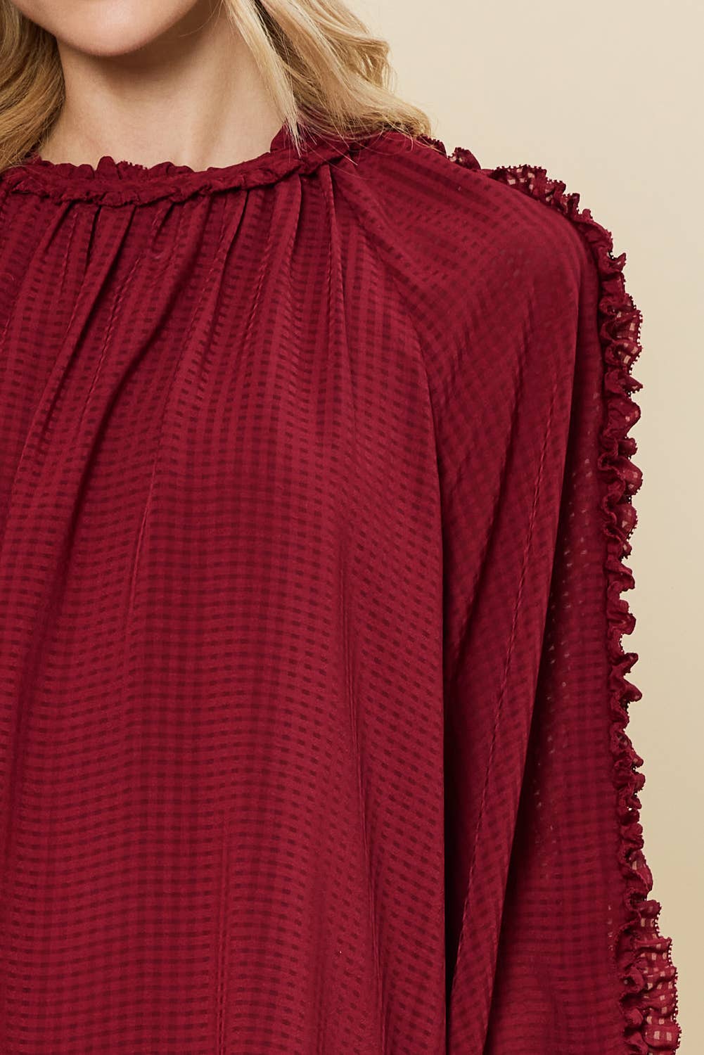 IT3464 - BURNOUT GINGHAM RUFFLED LONG SLEEVES TOP: BURGUNDY / L
