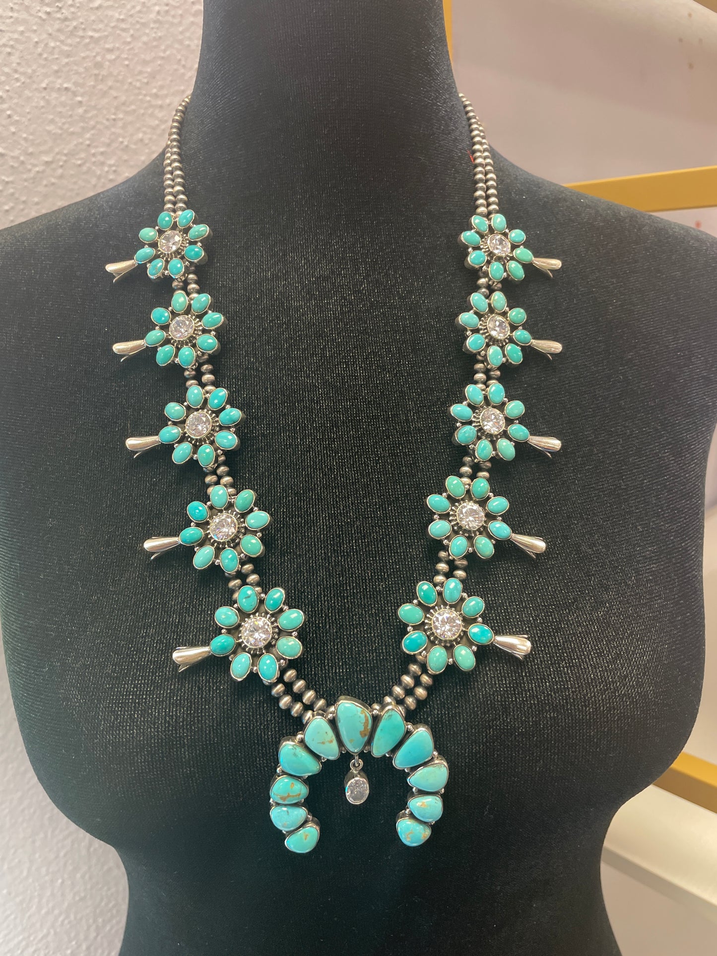 Sterling Silver King Man Turquoise & Cubic Zirconia Squash Blossom Necklace