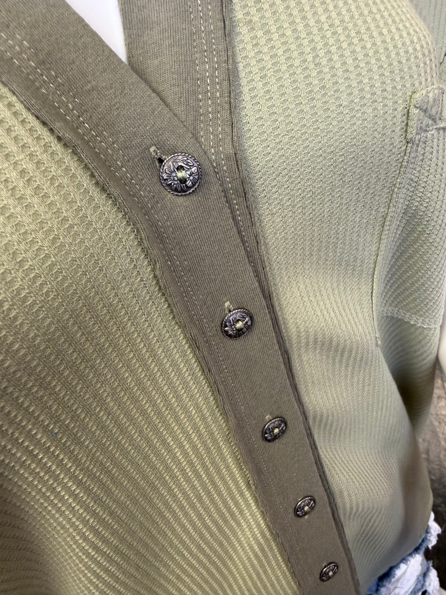 Olive Waffle Knit Button Down Top
