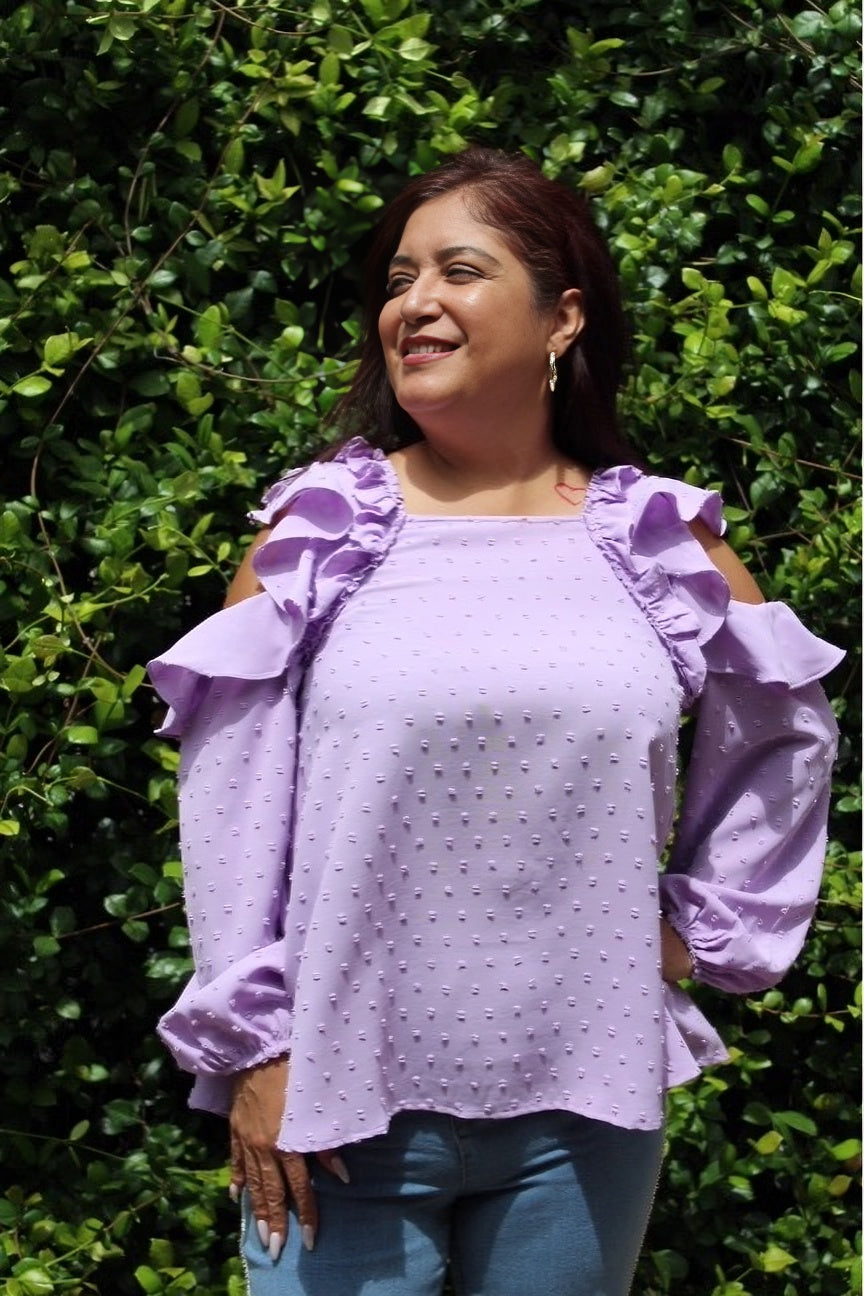 LAVENDER COLD SHOULDER SELF DOT BLOUSE