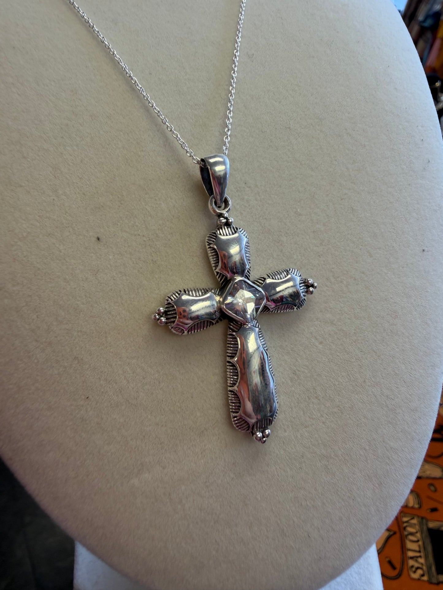 Sterling Silver Detail Crystal Cross Pendant