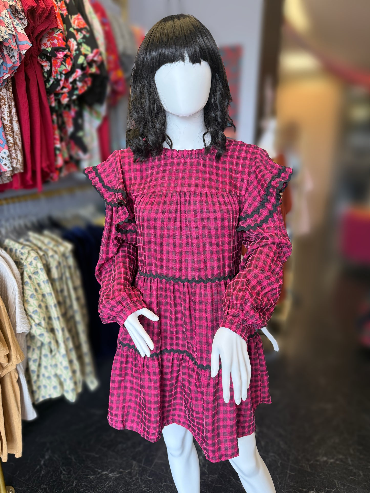 Fuchsia & Black Gingham Flutter Sleeve Dress