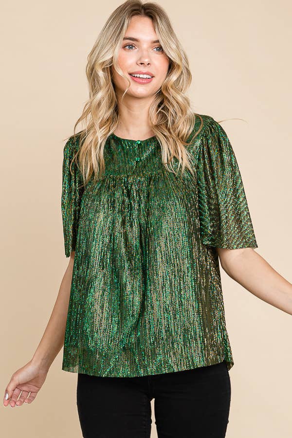 Hunter Green Pleated Sheer Half Sleeve Shimmer Blouse