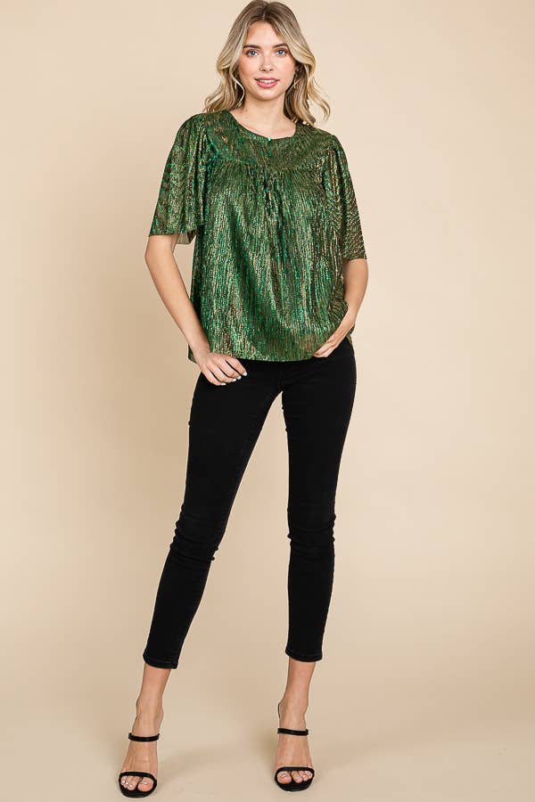 Hunter Green Pleated Sheer Half Sleeve Shimmer Blouse