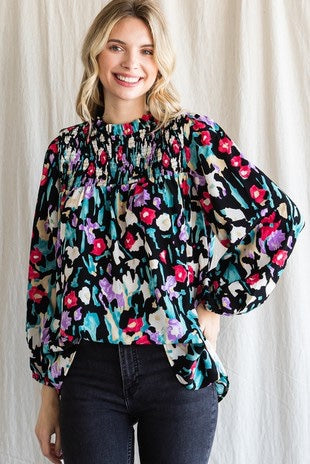 Floral Print Smocked Mock Neck Top