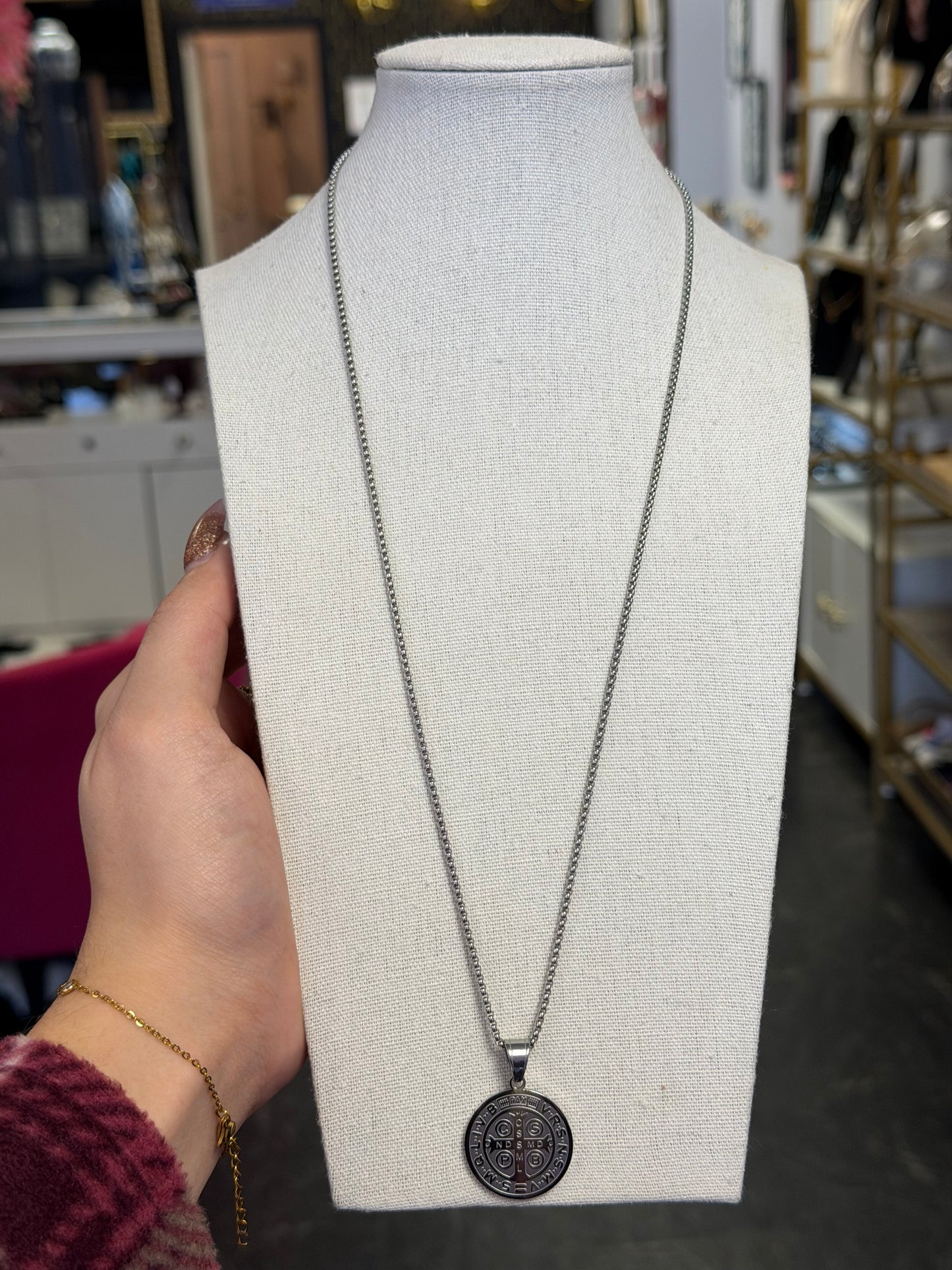 Long Silver Chain With Large Saint Benedict Pendant