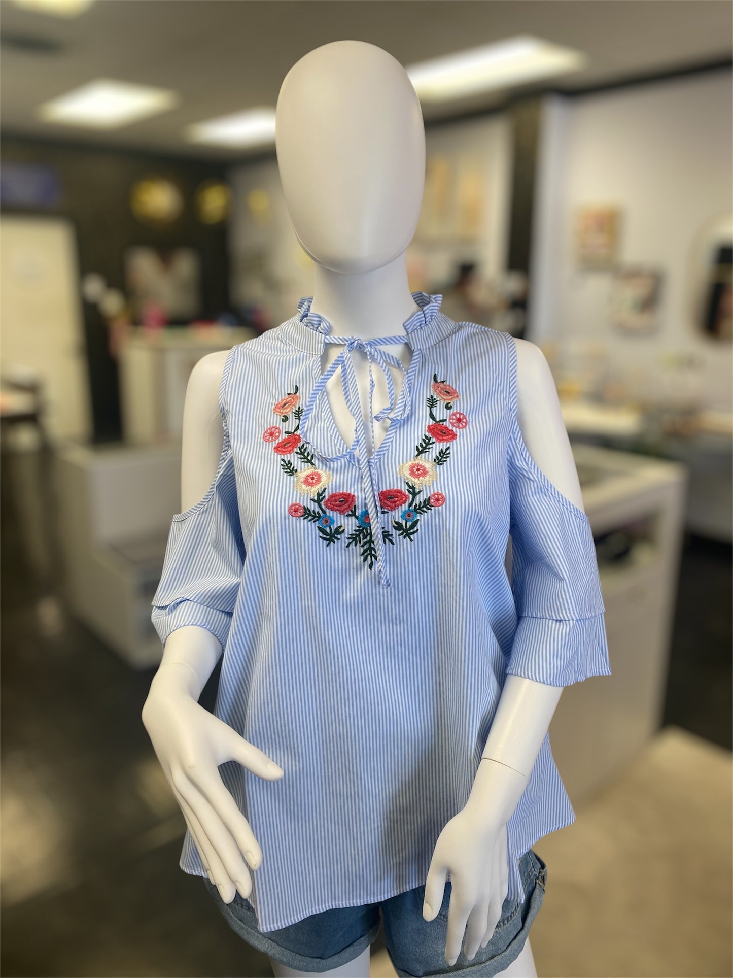 White & Blue Embroidered Cold Shoulder Top