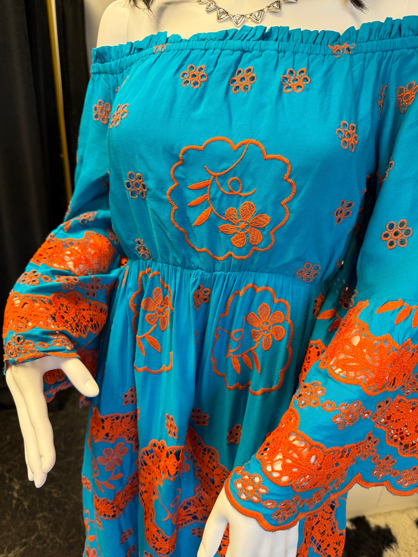 Sunny Days Blue Dress With Orange Embroidery