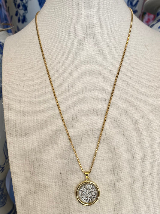 Silver & Gold Spinner Saint Benedict Box Necklace