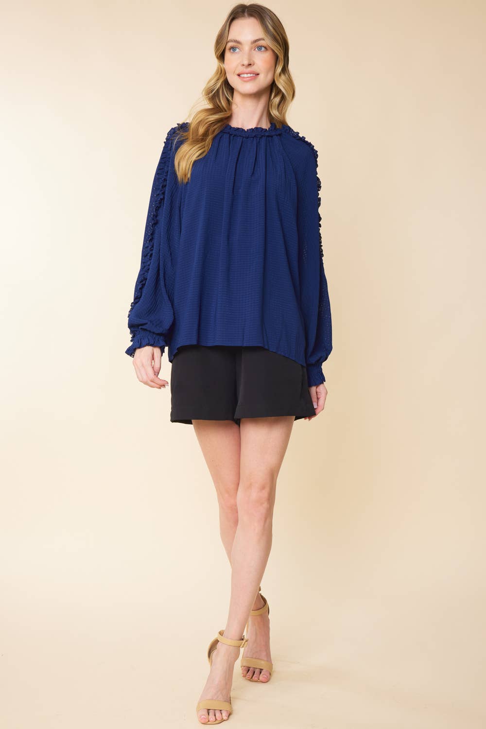 IT3464 - BURNOUT GINGHAM RUFFLED LONG SLEEVES TOP: BURGUNDY / M