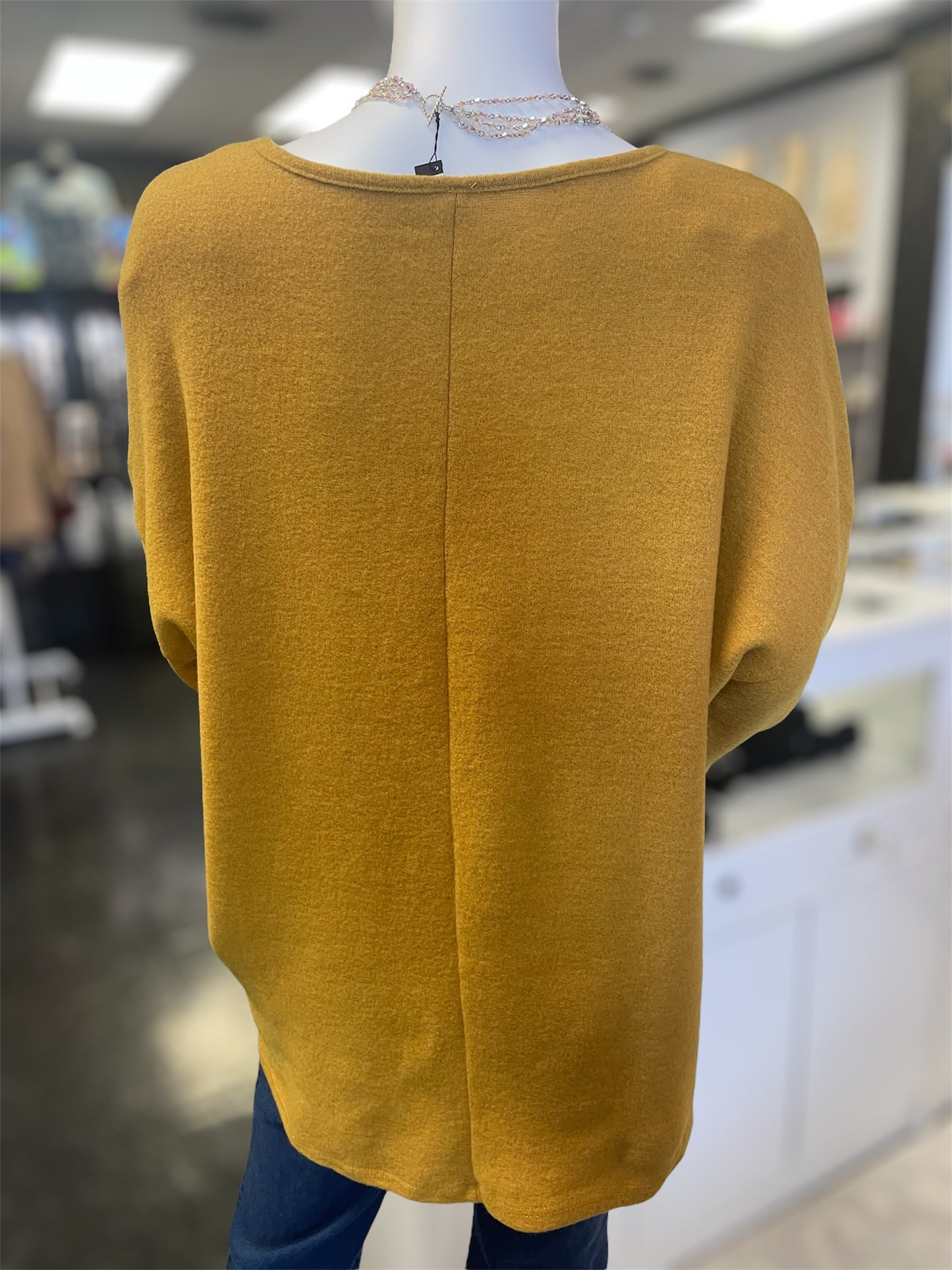 Mustard Boatneck Front Gathered Embellished Sweater (Curvy)