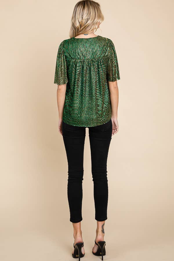 Hunter Green Pleated Sheer Half Sleeve Shimmer Blouse