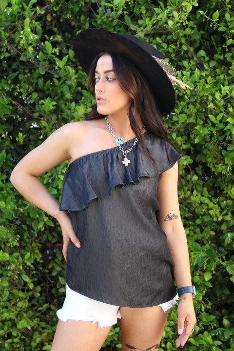 Ticket to Ride One-Shoulder Chambray Top Black