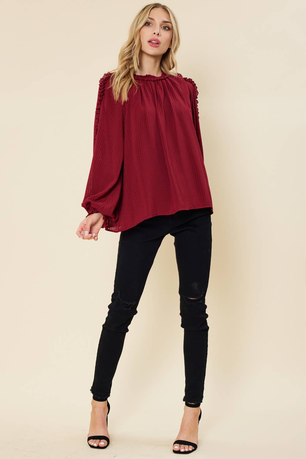IT3464 - BURNOUT GINGHAM RUFFLED LONG SLEEVES TOP: BURGUNDY / S