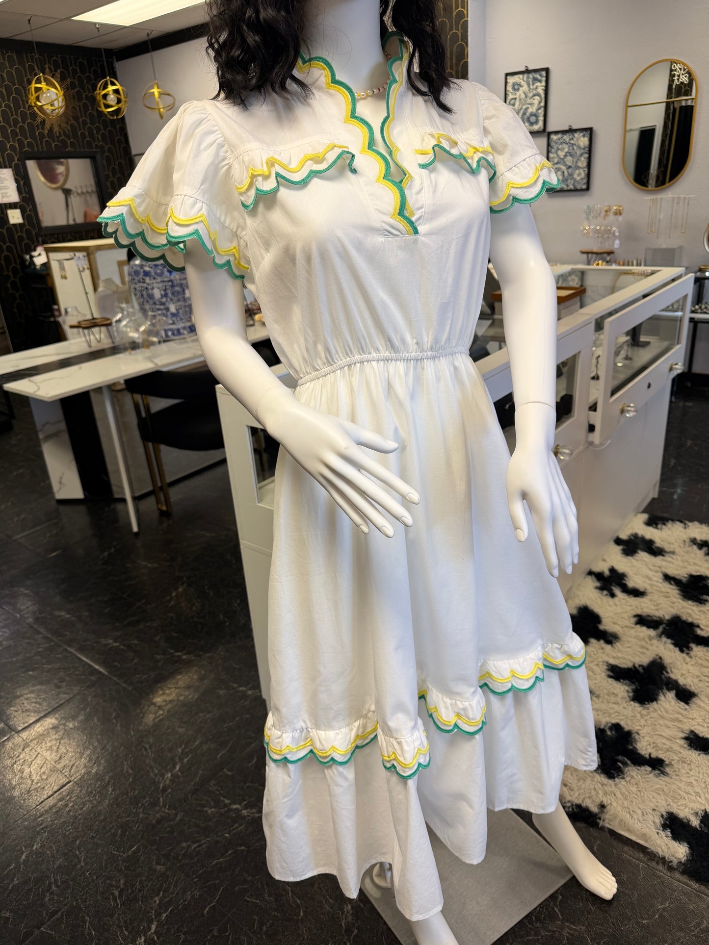 White Colorful Embroidered Scalloped Maxi Dress
