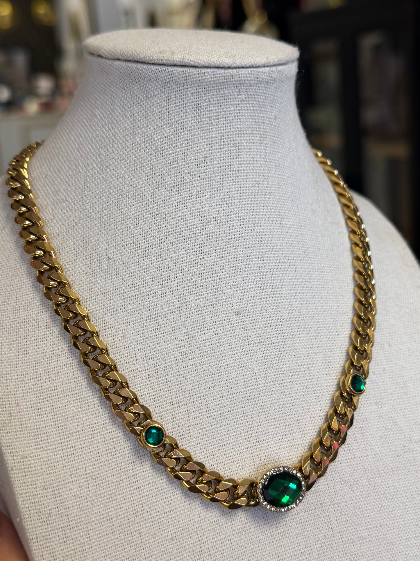Stainless Steel Gold Plated Imitation Emerald Crystal Necklace