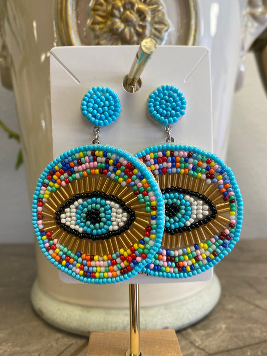 Evil Eye Seed Bead Post Stud Drop Earrings