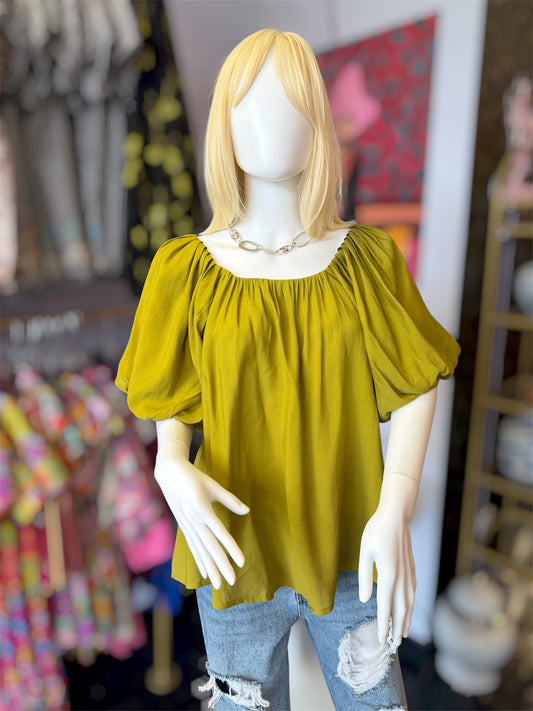Pistachio Round Neck Top With Ballon Sleeves