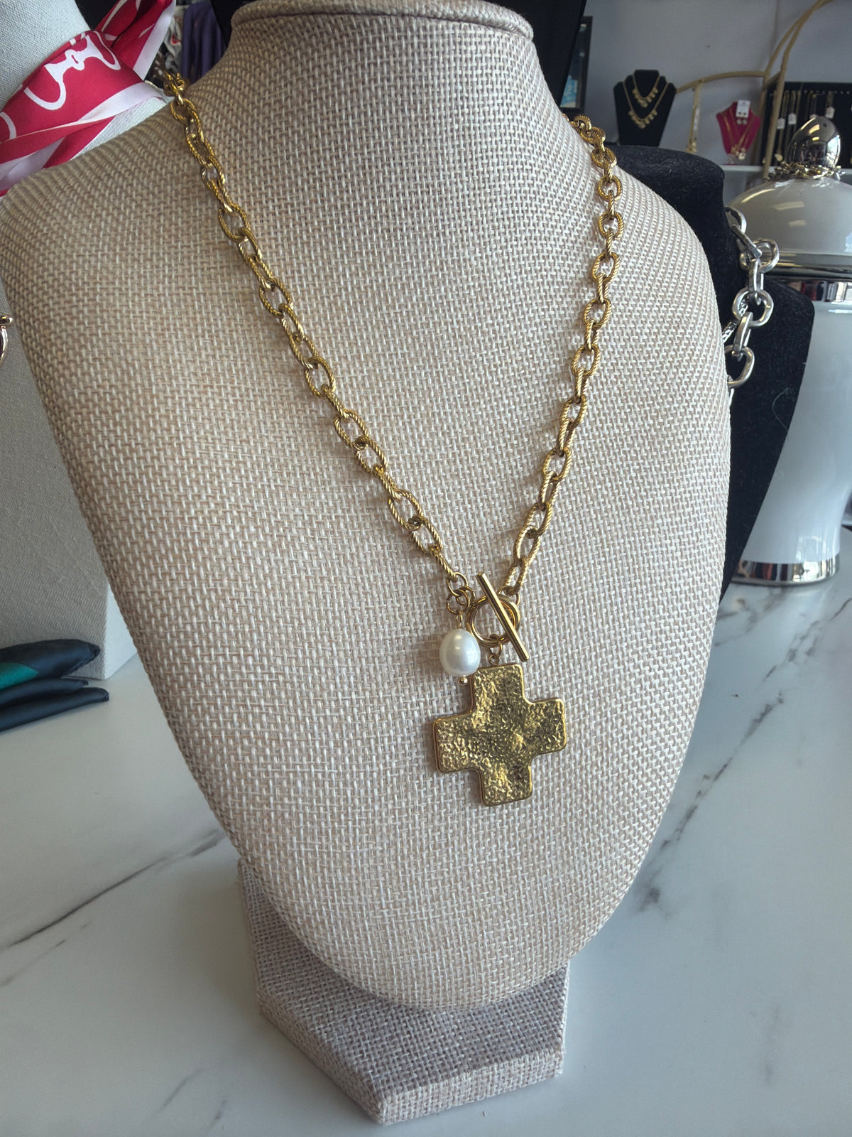 Stainless Steel Gold Plated Cross & Pearl Toggle