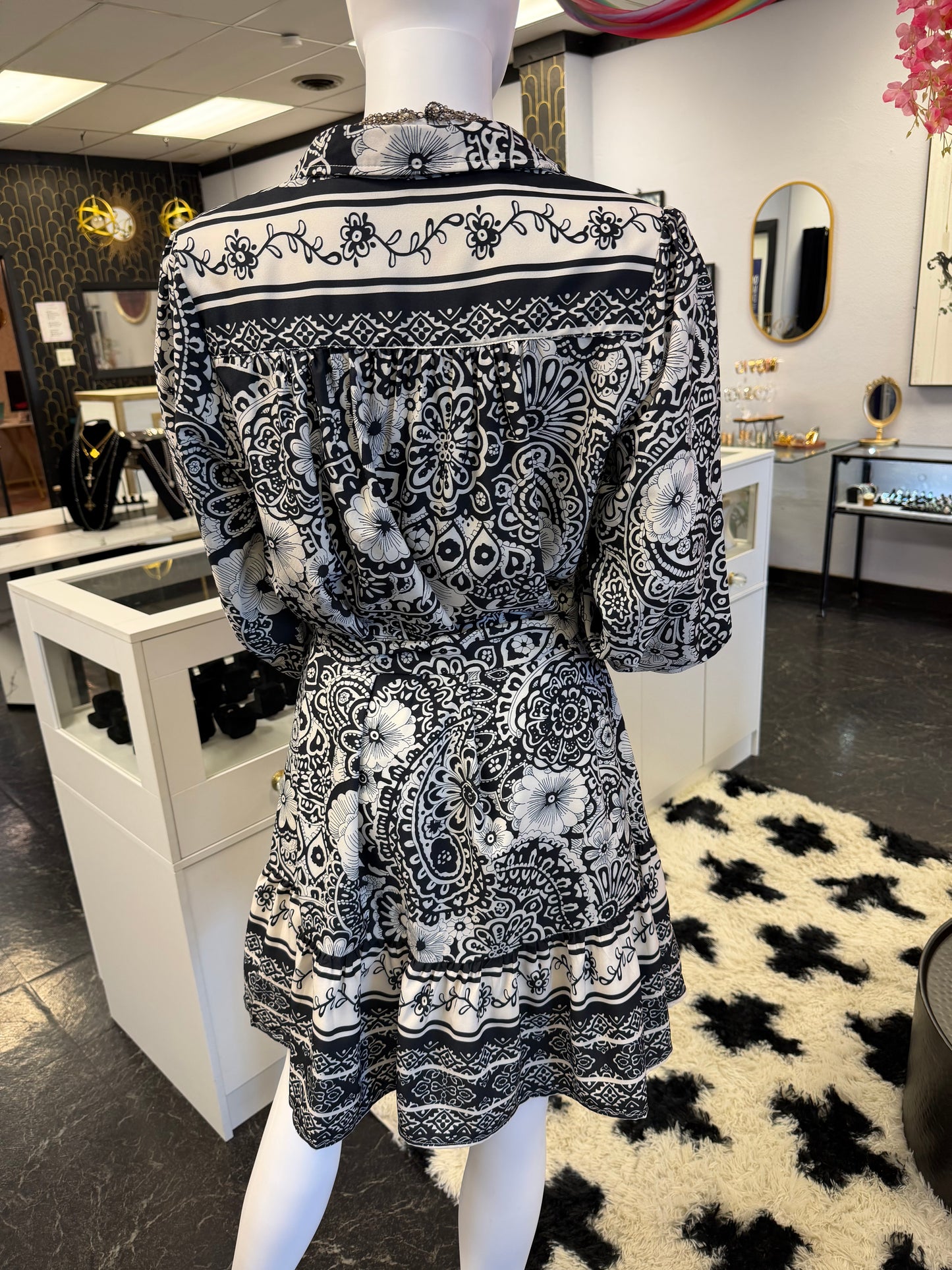 Black & White Multi Print Flutter Dress