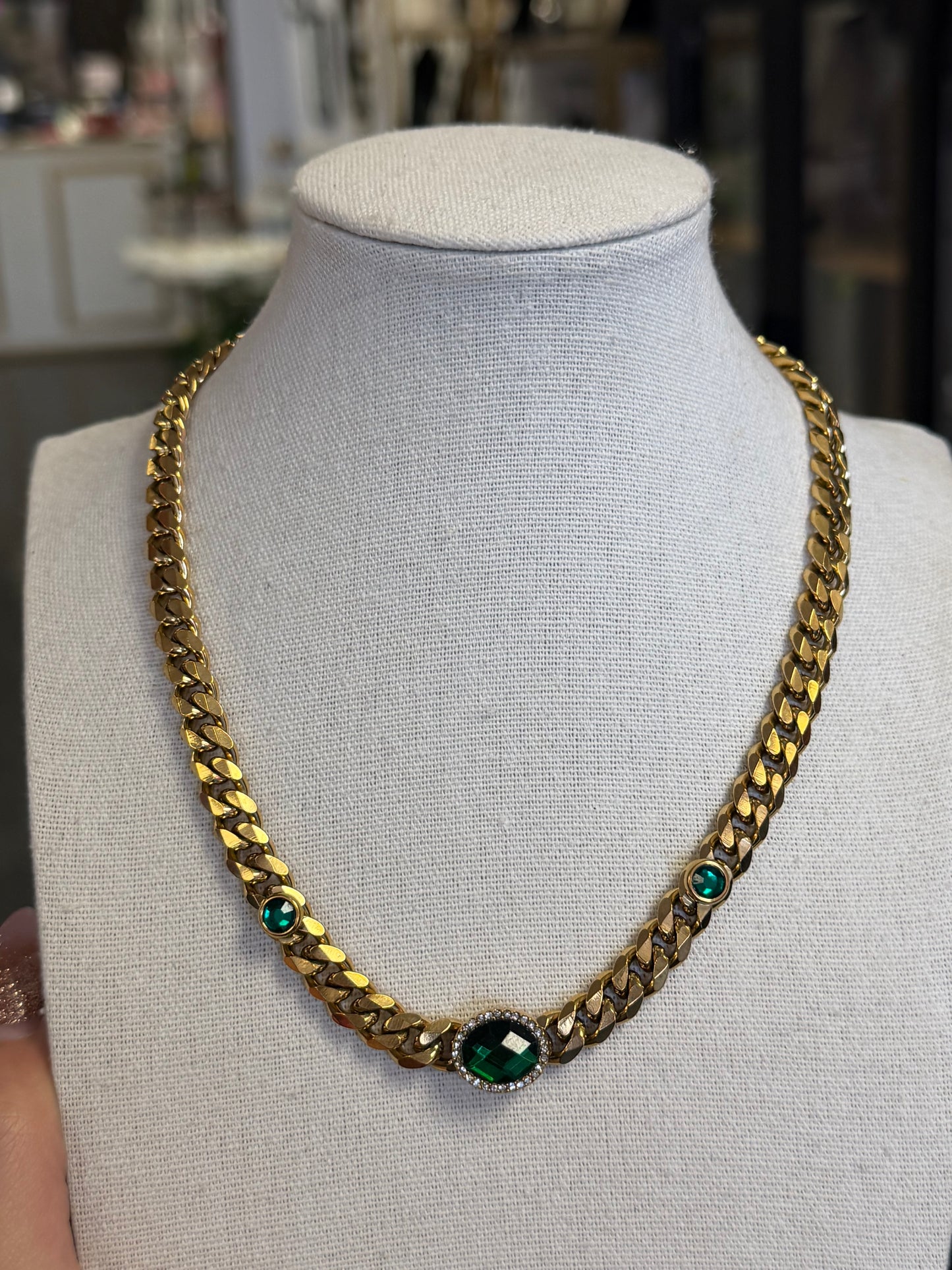 Stainless Steel Gold Plated Imitation Emerald Crystal Necklace