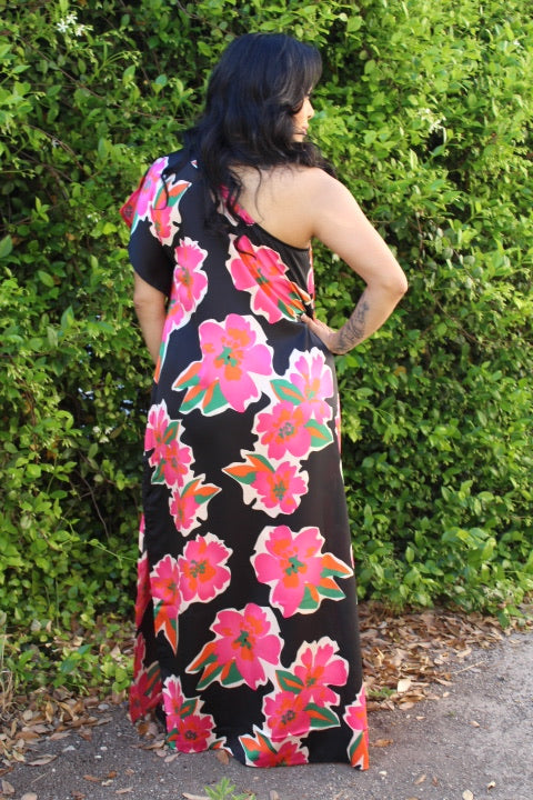 Flower Print Satin One-Shoulder Maxi Dress