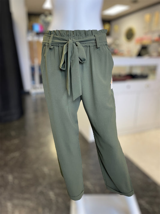 Olive High Waisted Paper bag Waist Tie Belt Cropped Pants Trendy Trousers