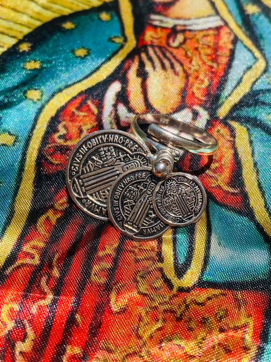 Sterling Silver Saint Benedict Coin Spinner Ring Adjustable
