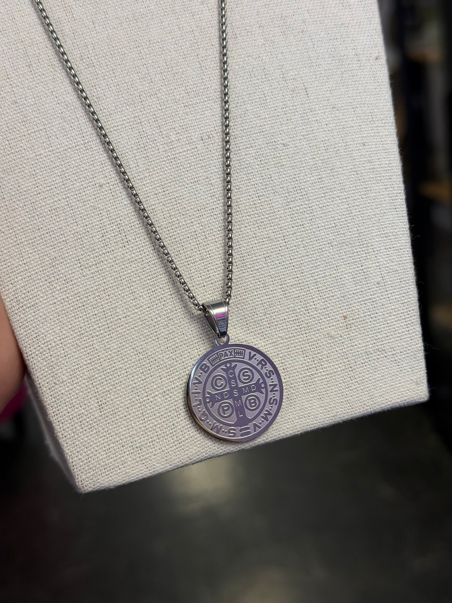 Long Silver Chain With Large Saint Benedict Pendant