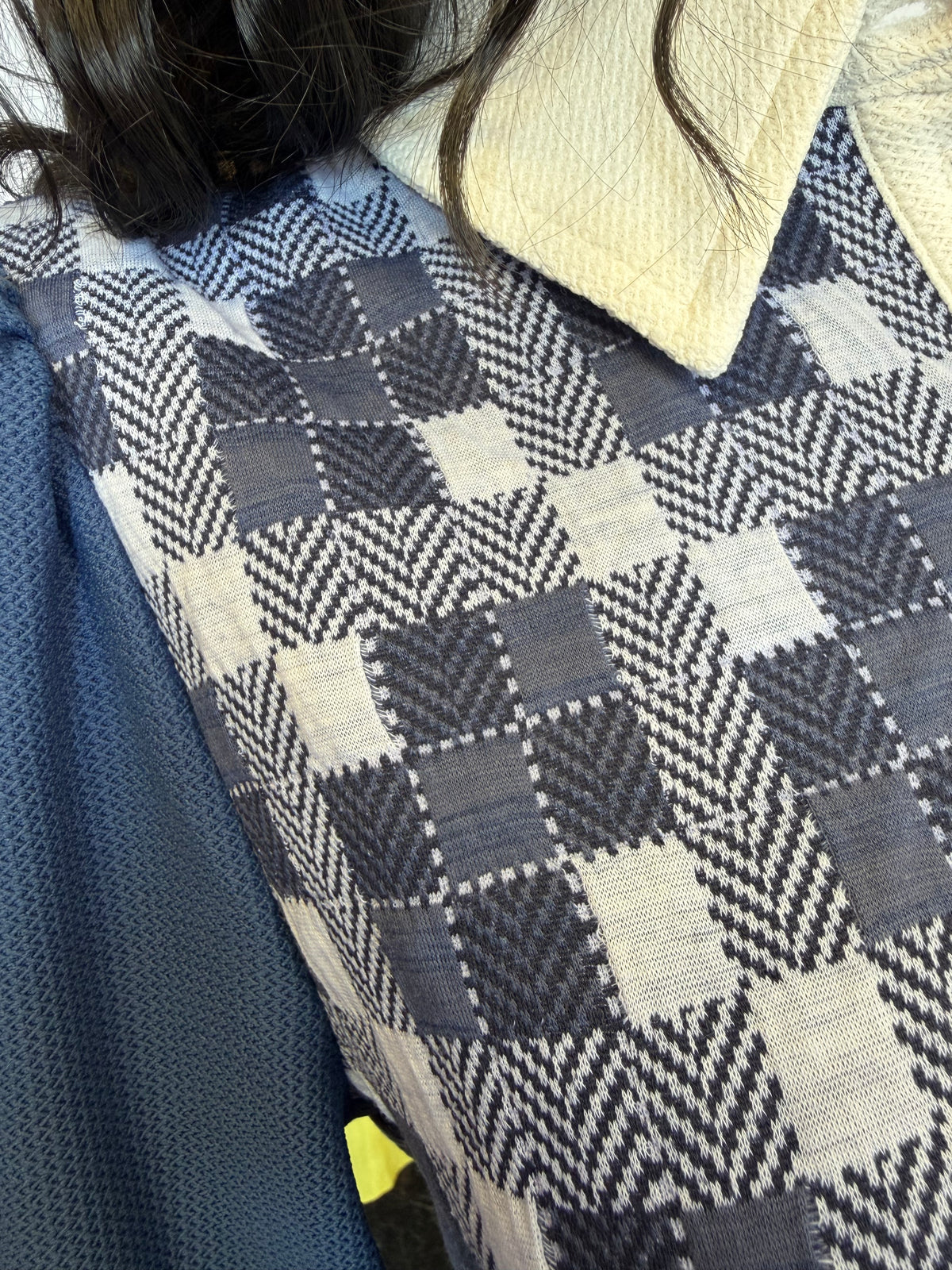 Blue & White Checker Collar Sweater Top