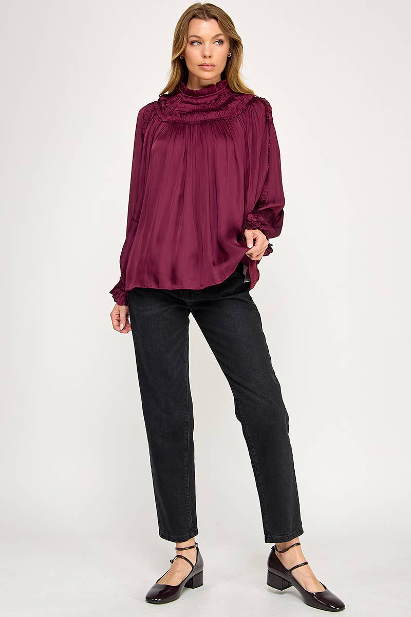 IT3477 - RUFFLED LONG SLEEVES SATIN TOP: GOLD / L